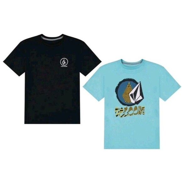 Volcom Boys 2 Pack Large 14/16 Graphic Print T-Shirts - Black and Aqua - Picture 1 of 4